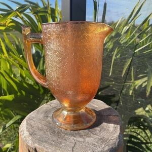 Vintage Jeannette Iridescent Crackle Marigold Carnival Glass Pitcher 8"